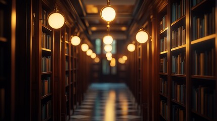 Dimly lit library hallway with bookshelves and pendant lights.