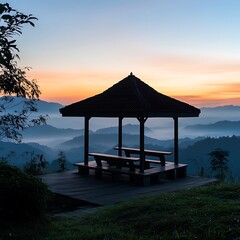 Wooden Gazebo Serenity Tranquil Mountain Vista at Sunrise or Sunset with Misty Valley Views