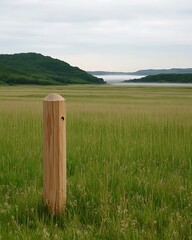 Wooden Post in Grassy Field Under Cloudy Sky Peaceful Rural Landscape Serene Environment Countryside