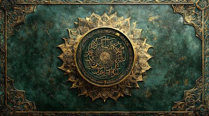 Ornate gold calligraphy on a dark green marble background