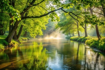Obraz premium Serene River Mist at Dawn, Sunlight Filtering Through Lush Green Trees, Reflecting on Calm Water