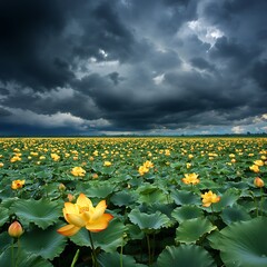 Yellow Lotus Blooms Under Ominous Storm Clouds Reflecting Serenity Amidst Impending Weather Change