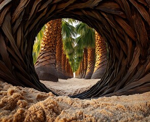Woven Passage of Palm Trees with Sand Ground Perspective Artistry of Twisted Brown Fiber Tunnel
