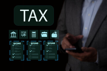 E-tax concept. Businessman show TAX for Individual income tax return form online for tax payment. Government, state taxes. Data analysis, paperwork, financial research, report.