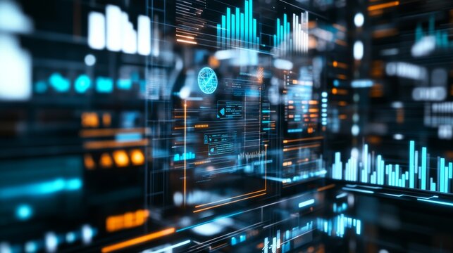 An AI powered digital assistant providing personal finance advice in a futuristic financial hub, glowing financial data displays, interactive holographic interface