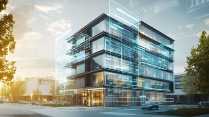An AI powered digital twin simulation system visualizing real time building performance data for energy optimization, glowing simulation interface, real-time building data analysis