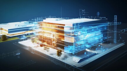 An AI powered digital twin simulation system visualizing real time building performance data for energy optimization, glowing simulation interface, real-time building data analysis
