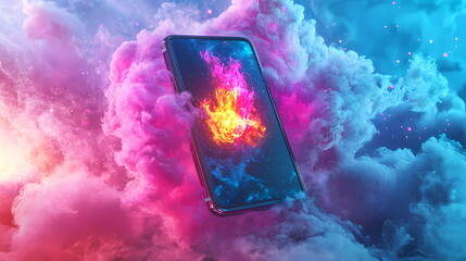 Smartphone showing fire burning inside display floating in colorful smoke cloud