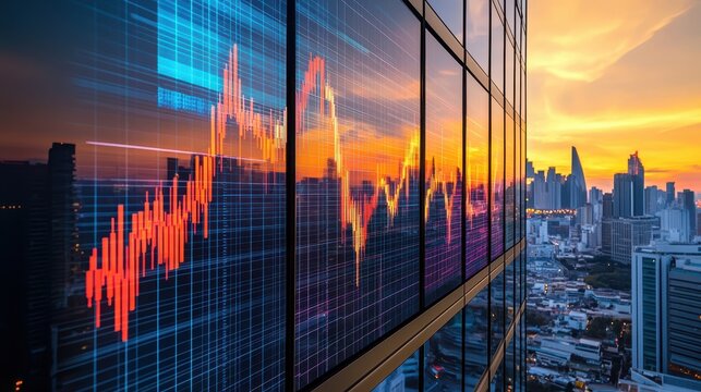 City skyline reflected on glass building with stock market chart overlay. Depicts global finance, investment, or economic trends in urban areas.