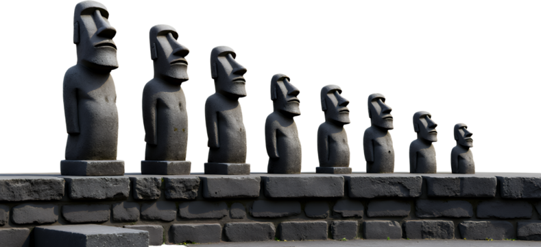 Moai statues row, stone wall, transparent background..