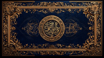 Ornate gold calligraphy on dark blue background