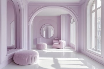 Lavish lilac room interior with arched doorways, plush seating, and large windows.