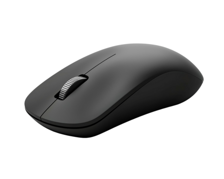 A sleek black wireless mouse with a modern ergonomic design, smooth curves, matte finish