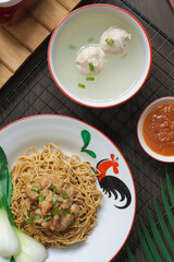 TRADITIONAL FOOD MIE OR BAKMI AYAM WITH MEAT BALL