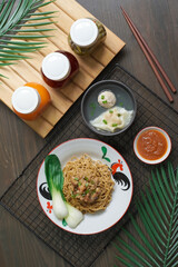 TRADITIONAL FOOD MIE OR BAKMI AYAM WITH DUMPLING AND MEAT BALL