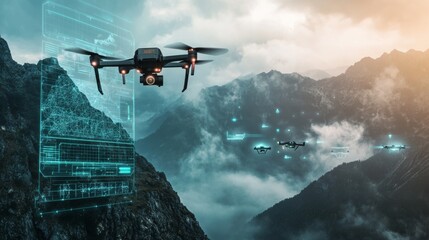 An AI powered drone conducting a search and rescue mission in a mountainous region, mapping out terrain and identifying survivors, glowing mapping interface