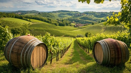 Obraz premium Picturesque vineyard vista showcasing rolling hills and aged oak barrels serene landscape