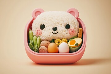 Cute bear-shaped rice bento box with eggs, vegetables, and bread.