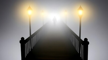Obraz premium A solitary figure walks across a foggy bridge with street lamps