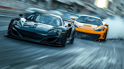 Two sports cars drifting on a racetrack at high speed