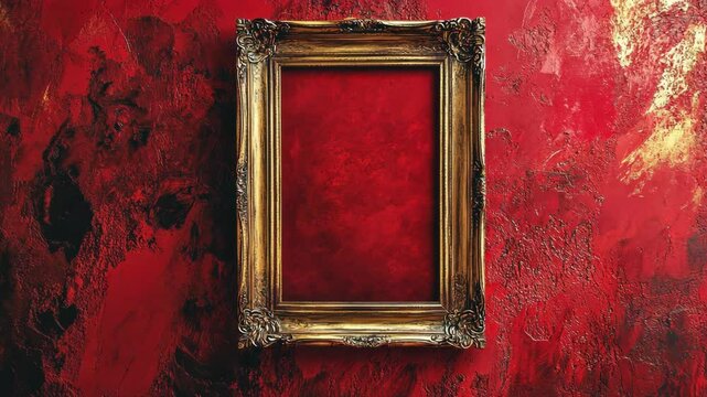 Vintage empty gold frame on textured red wall with artistic grunge background and dramatic lighting