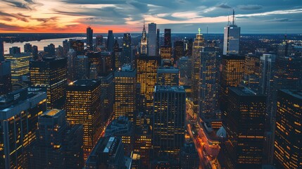 Obraz premium Stunning Twilight Cityscape with Skyscrapers and Vibrant Night Lights