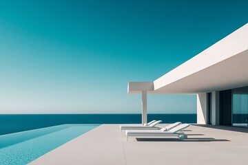 Fototapeta premium Modern minimalist villa with infinity pool overlooking ocean.