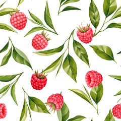 Seamless pattern with tea leaves and raspberry. Floral background for food packaging, vegan menu or herbal tea