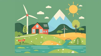 Naklejka premium Serene Eco-Friendly Landscape with Wind Turbines and Mountains