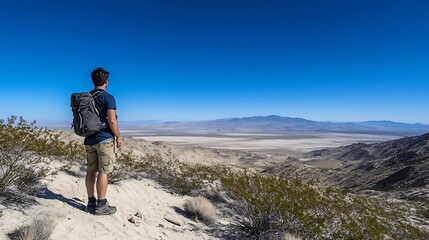 Hiker standing on a high sand dune, looking out over a vast desert