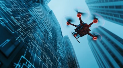 An AI powered drone monitoring and inspecting the structural integrity of a skyscraper, detecting cracks and damage in real-time, glowing inspection interface