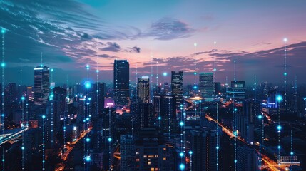 Obraz premium Futuristic City Skyline with Digital Connections at Dusk
