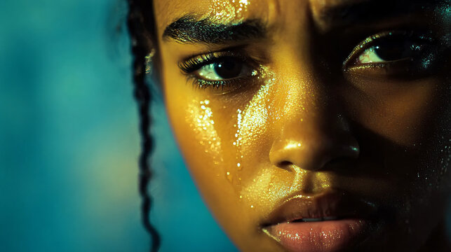 Close-up of a woman with glitter on her face and a tearful expression capturing a unique blend of beauty and emotion in a raw moment.