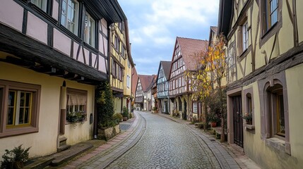 Obraz premium Idyllic medieval street showcasing half-timbered houses and cobblestone in Europe