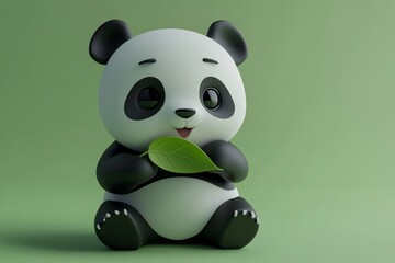 Adorable 3D rendered baby panda sitting and holding a green leaf against a green background.
