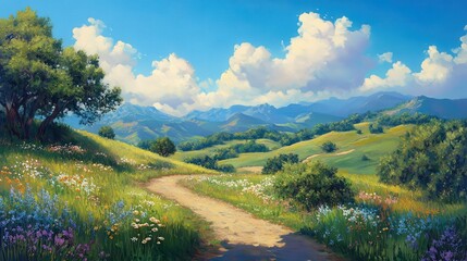 Obraz premium Scenic oil painting style landscape with rolling hills, path, and blue sky. Perfect for inspirational projects or beautiful scenic desktop wallpaper.