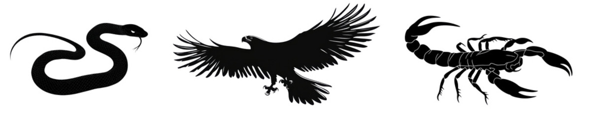 Fototapeta premium Silhouette of snake,eagle and Scorpion isolated on white background 