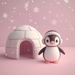 Cute cartoon penguin wearing a hat standing near an igloo on a pink background with snowflakes.