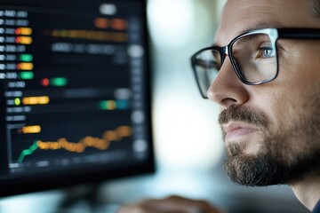 Global economy economic growth exports Focused man analyzing data on a computer screen.