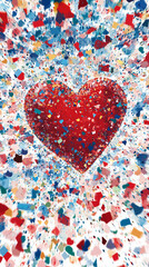 Obraz premium A heart surrounded by exploding confetti in every direction, postcard design