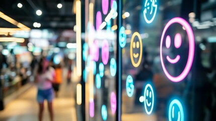 An AI powered facial emotion recognition system analyzing customer feedback in a retail store, providing real-time sentiment analysis, glowing sentiment interface