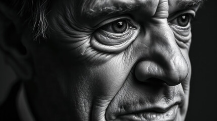 Obraz premium Elderly man with deep wrinkles shows a contemplative expression in a dimly lit setting