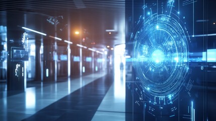 An AI powered facial recognition system for security checks, analyzing real-time facial data to enhance airport and building security by verifying identities, glowing recognition interface