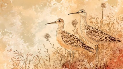 A unique hand-drawn World Curlew Day composition, featuring an intricate, vintage-style illustration of curlews among tall grasses, with ink-pen etchings and watercolor backgrounds in a warm