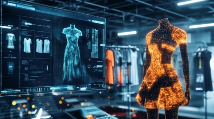 An AI powered fashion design system generating custom clothing designs based on user input, optimizing for fabric types and color preferences, glowing design interface