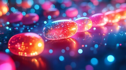 Cyberpunk style illustration of National Jelly Bean Day, showcasing a futuristic scene of glowing jelly beans in a neon-lit cityscape, surrounded by holographic displays