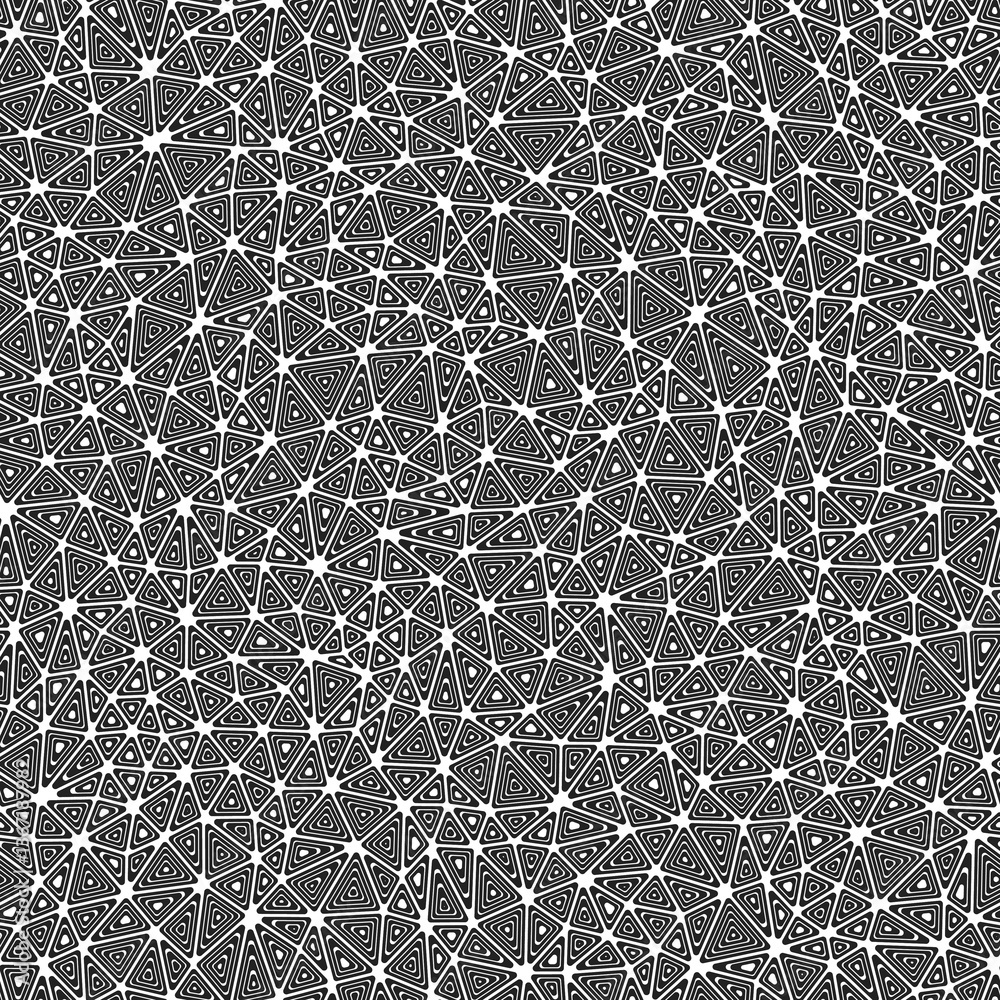 Poster triangles vector pattern. multiple repeated inner triangles. small shape size. black and white style