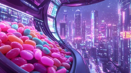 National Jelly Bean Day concept illustration in cyberpunk style, highlighting a dynamic scene of a futuristic candy store with glowing jelly beans, neon signs, and holographic displays