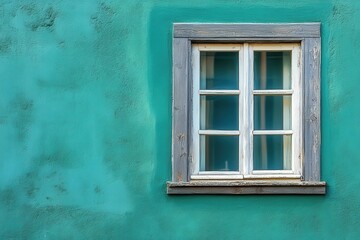 Charming vintage window set against a vibrant teal plaster wall.