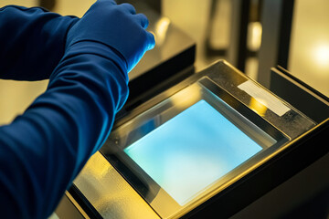 A person wearing blue gloves places their hand on a glowing fingerprint scanner at an airport security checkpoint.